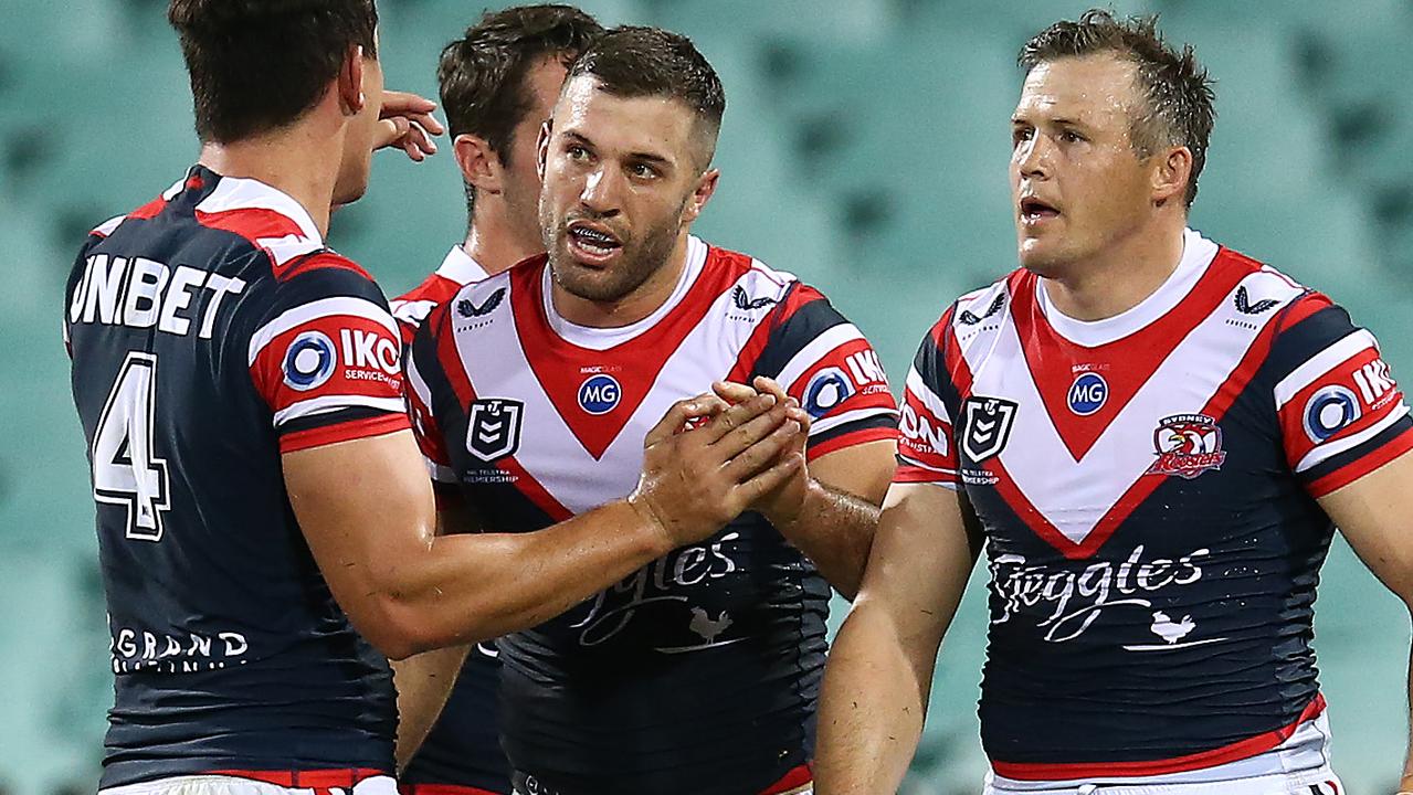 James Tedesco of the Roosters celebrates a try (Photo by Jason McCawley/Getty Images)