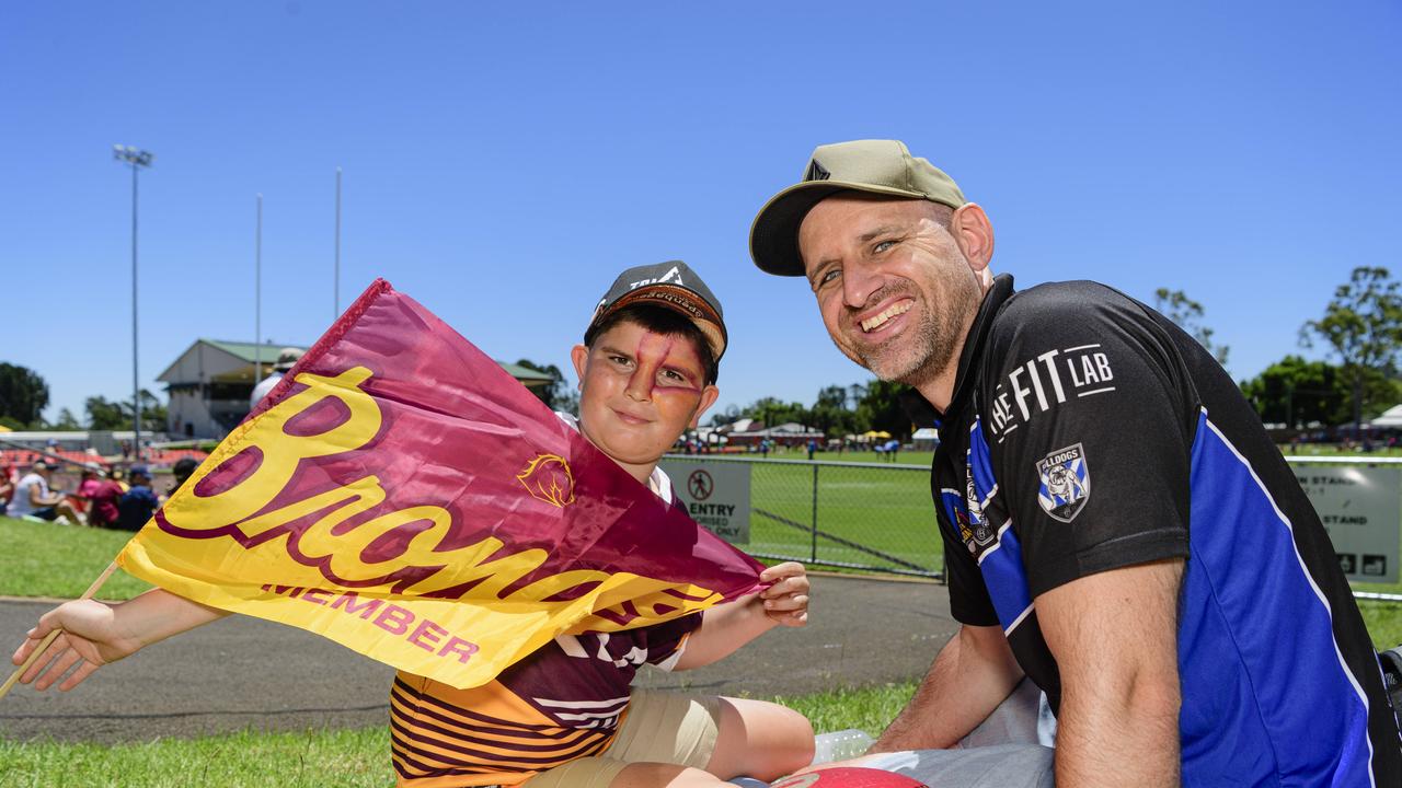 Koby Thompson (left) and Andrew Spradbrow at the NRL Pre-Season Challenge game between Broncos and Titans at Toowoomba Sports Ground, Sunday, February 16, 2025. Picture: Kevin Farmer