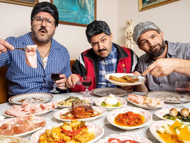 MELBOURNE, MAY 30, 2023: Comedy trio Sooshi Mango are opening their first Italian restaurant in Lygon Street. L to R Joe Salanitri, Carlo Salanitri and Andrew Manfre in character. Picture: Mark Stewart