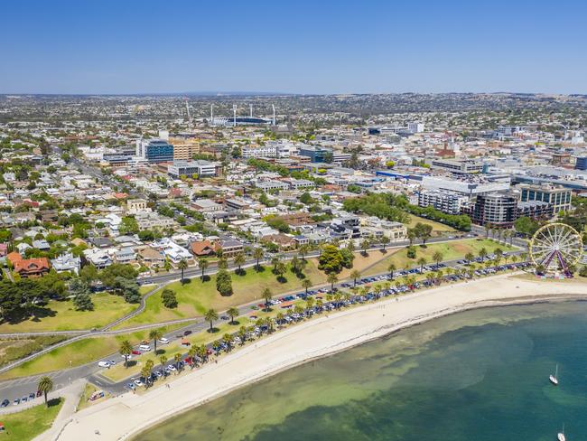 Aerial photo of city centre of Geelong in Victoria, Australia