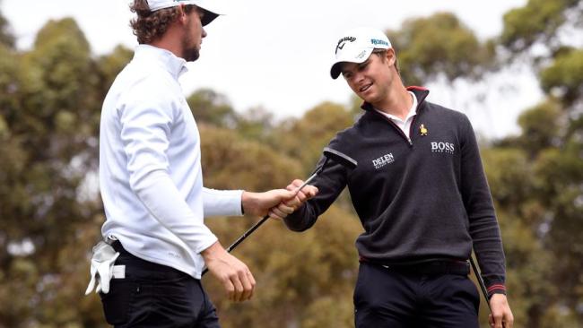 Thomas Pieters (L) and Thomas Detry (R) celebrate another birdie. Pic: AFP