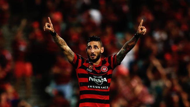 Kerem Bulut celebrating a goal during his time with the Western Sydney Wanderers. Photo: Mark Evans