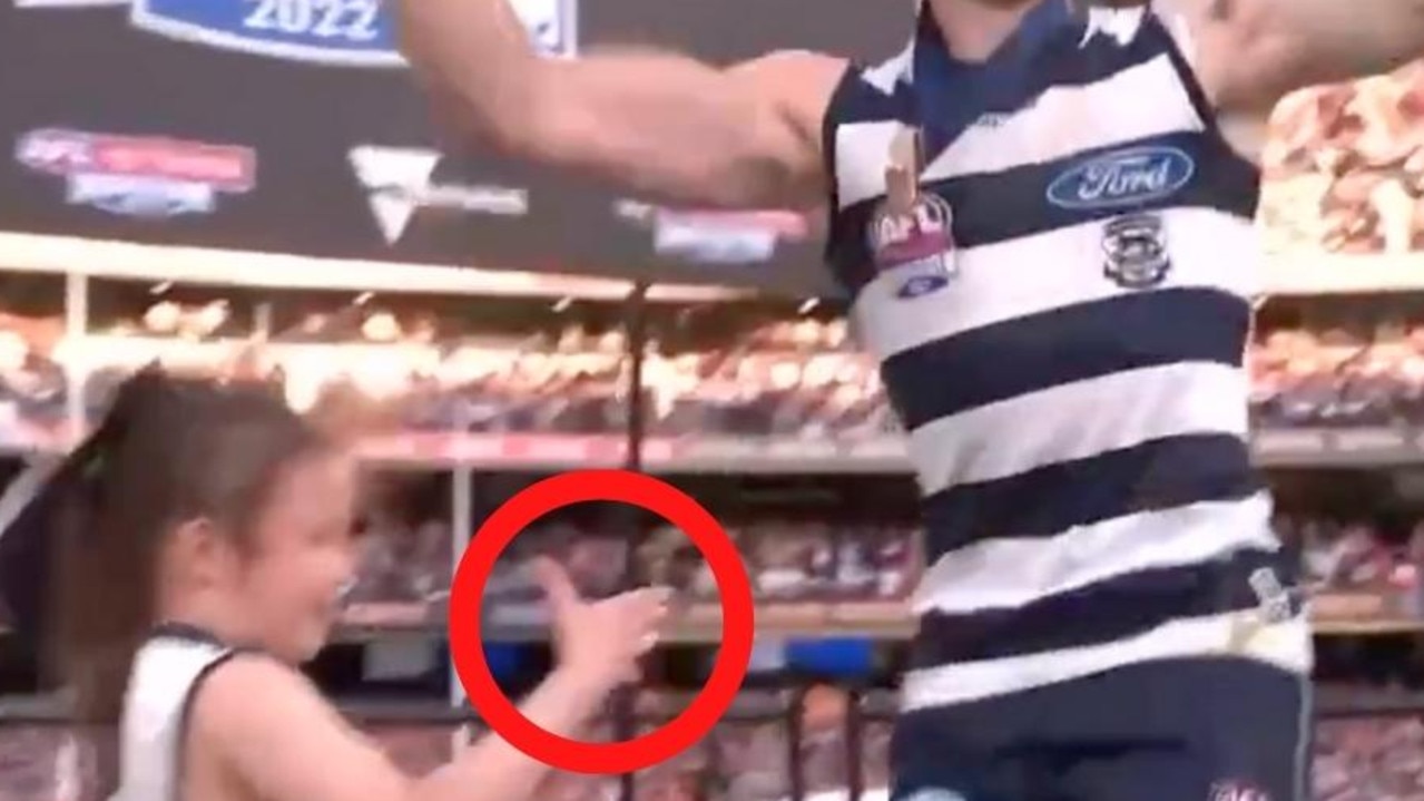 Geelong defender Tom Stewart is under fire for his treatment of a young Auskicker during the AFL grand final medal presentation.