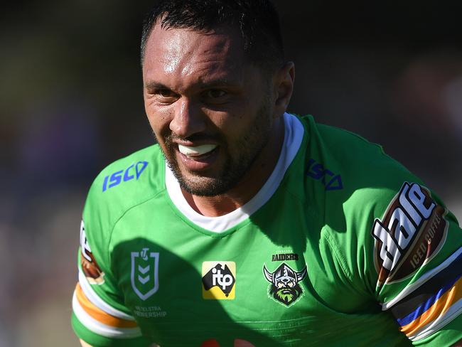 Jordan Rapana of the Raiders during the Round 7 NRL match between the Manly Sea Eagles and the Canberra Raiders at Lottoland in Sydney, Sunday, April 28, 2019. (AAP Image/Joel Carrett) NO ARCHIVING, EDITORIAL USE ONLY