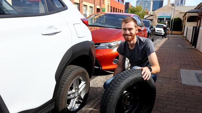 David Bobbitt had his rental car tyres slashed in Coglin Street in the city. Picture: Kelly Barnes