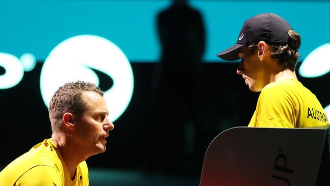 Lleyton Hewitt speaks to Alex de Minaur during last year’s Davis Cup. Picture: Getty