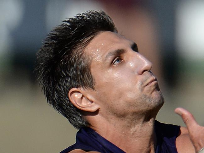 SPORT - NAB Challenge, Fremantle Dockers vs Melbourne Demons at Fremantle Oval. Photo by Daniel Wilkins. PICTURED - Fremantle's Matthew Pavlich marks in attack, resulting in a goal.