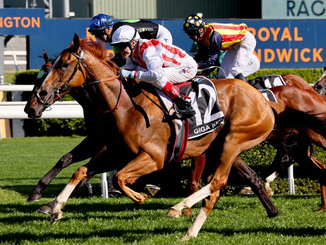 Giga Kick (R), ridden by jockey Craig Williams, wins the Everest 2022 horse race at the Royal Randwick race course in Sydney on October 15, 2022. (Photo by DAVID GRAY / AFP) / XGTY-- IMAGE RESTRICTED TO EDITORIAL USE - STRICTLY NO COMMERCIAL USE --