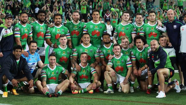 Canberra players celebrate victory with the crowd after the Sydney Roosters v Canberra Raiders Semi Final at the SCG. Picture: Brett Costello