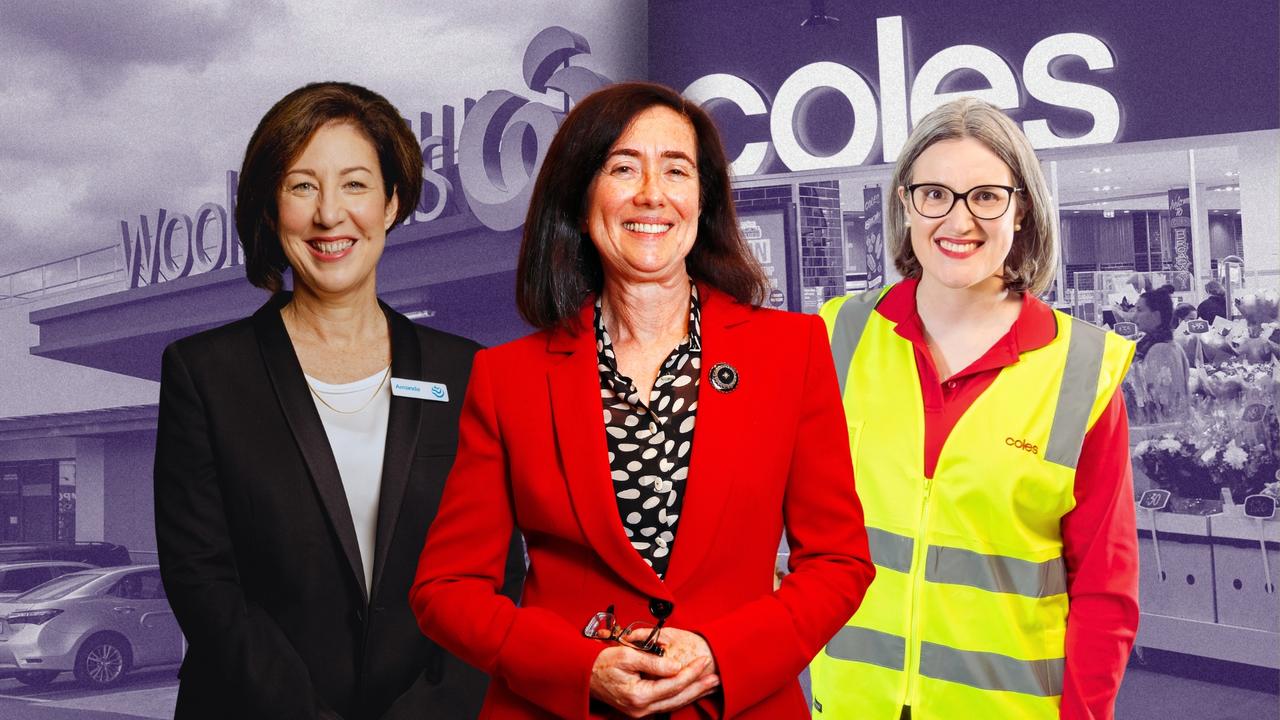 Woolworths CEO Amanda Bardwell, left, ACCC chair Gina Cass-Gottlieb and Coles CEO Leah Weckert.