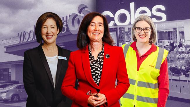 Woolworths CEO Amanda Bardwell, left, ACCC chair Gina Cass-Gottlieb and Coles CEO Leah Weckert.