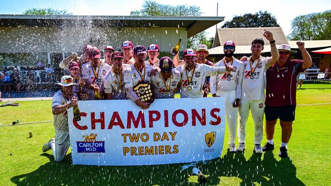 Palmerston Cricket Club celebrating their Two-Day DDCC A-grade grand final victory over Waratah at DXC Arena, 15 September, 2024. Picture: Cricket NT.