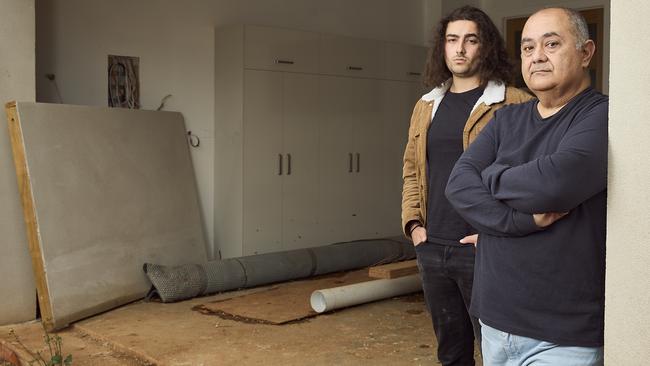 Aria Rad with his dad, Omid, at the unfinished Myrtle Bank house. Picture: Matt Loxton