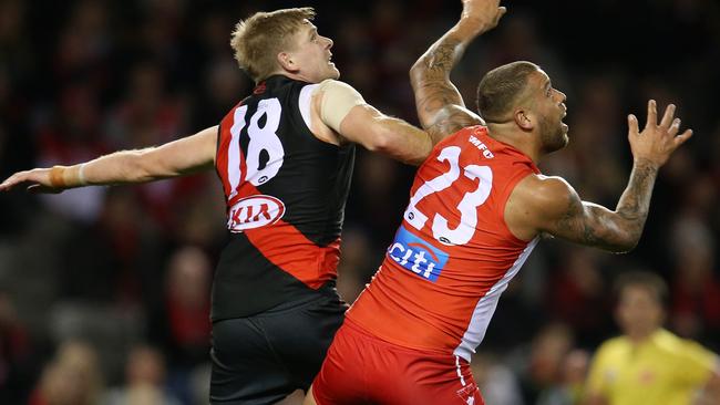 Michael Hurley outbodies Lance Franklin. Picture: Michael Klein