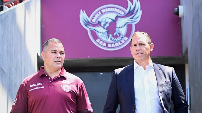 SYDNEY, AUSTRALIA - NOVEMBER 29, 2022: Newly appointed Manly Sea Eagle Coach Anthony Seibold and CEO Tony Mestrov. at Brookvale Oval.Picture: Jeremy Piper