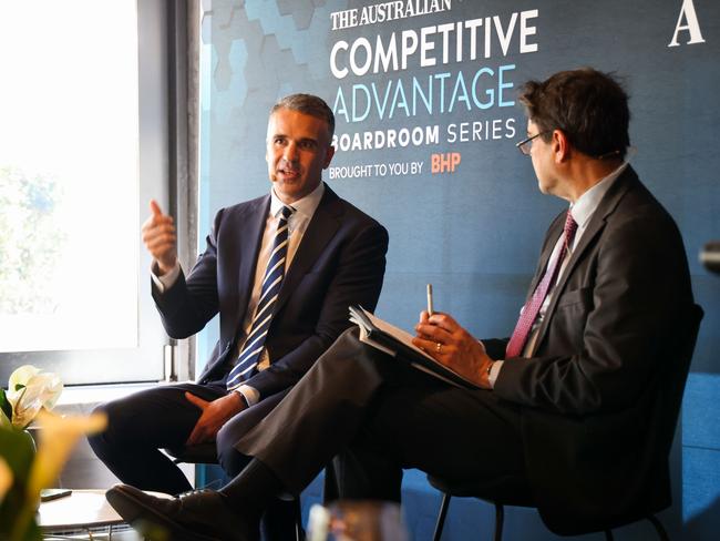 The Hon Peter Malinauskas MP, Premier of South Australia with David Penberthy, Columnist, The Advertiser and Sunday Mail & Co-Host, FIVEaa Breakfast Show.The Australian's Competitive Advantage Boardroom Series at 2KW, Adelaide. Picture Matt Turner.