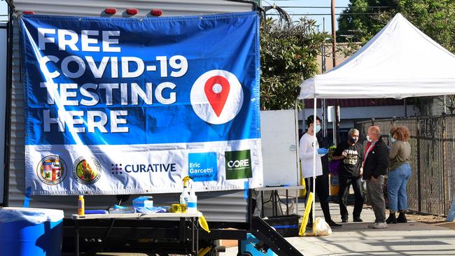 People check-in at a pop-up COVID-19 test site in Los Angeles, California. Picture: AFP