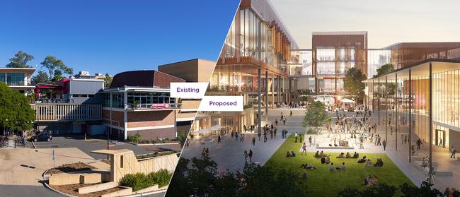 Union offices (far left), outdoor eating area/Pizza Cafe, Schonell (building with bank of windows, sloping red roof and light orange building on far right; artist’s impression of how the precinct could look once redeveloped.