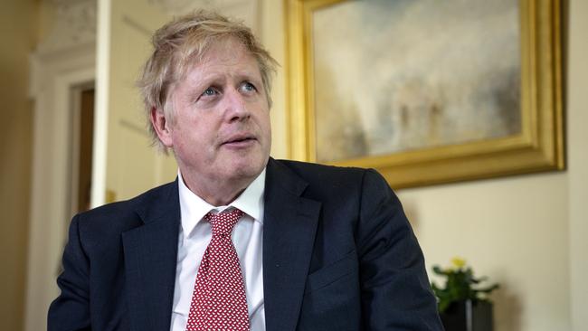 Boris Johnson records a video message at 10 Downing Street after his release from hospital, before leaving for Chequers on Sunday. Picture: Getty Images