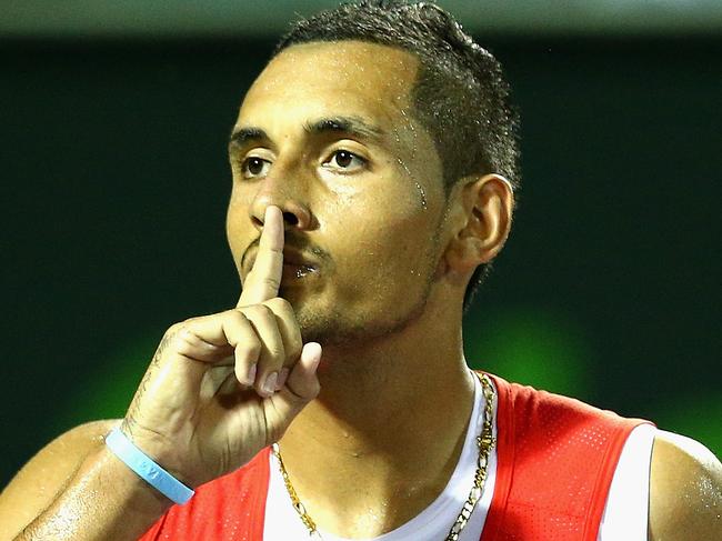 KEY BISCAYNE, FL - MARCH 31: Nick Kyrgios of Australia celebrates match point against Milos Raonic of Canada in their quarter final match during the Miami Open Presented by Itau at Crandon Park Tennis Center on March 31, 2016 in Key Biscayne, Florida. (Photo by Clive Brunskill/Getty Images)