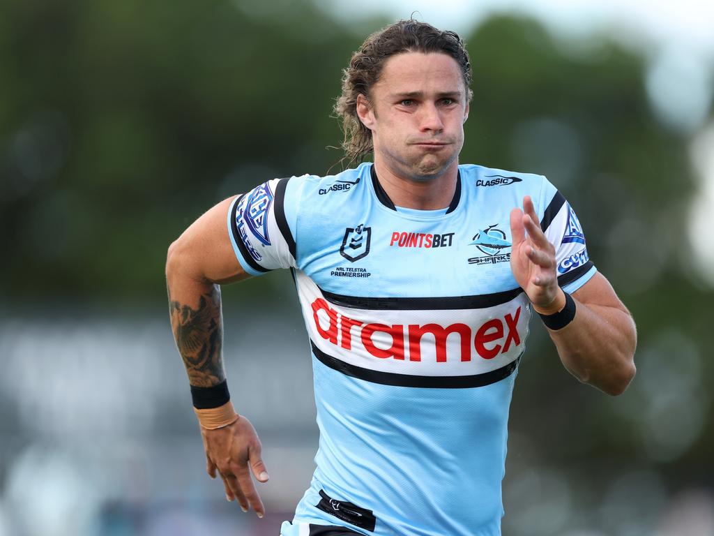 SYDNEY, AUSTRALIA - MARCH 15: Nicho Hynes of the Sharks warms up before the round two NRL match between Cronulla Sharks and Canterbury Bulldogs at PointsBet Stadium on March 15, 2024, in Sydney, Australia. (Photo by Mark Metcalfe/Getty Images)