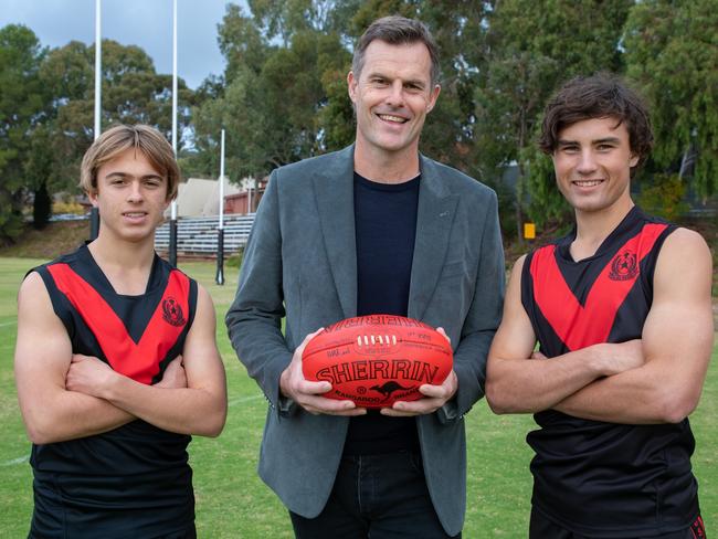 Rostrevor First XVIII vice captain Tyson Walls (L), former AFL great Luke Darcy and Rostrevor First XVIII captain Jayden Gale. Picture: Supplied by Laura Syme