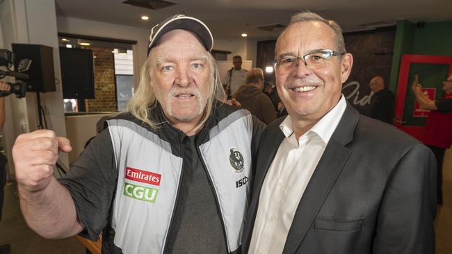 New Collingwood president Mark Korda (right) with fellow supporter Greg Tickner. Picture: Rob Leeson