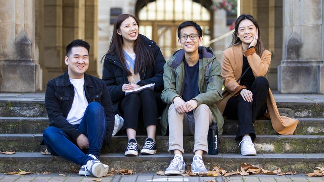 Students Eugene Soo, 20, Kathleen Xiao, 21, Tony Xie, 20, and Lydia Jiang who are founding members of the Subtle Asian Traits Facebook group. Picture: Aaron Francis