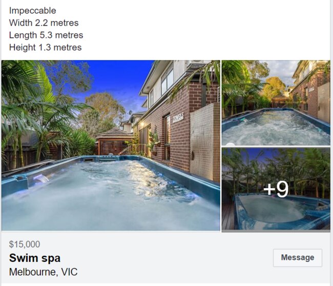 Just in time for summer this swim spa has been advertised on a Banyule swap and sell Facebook page. Picture: Facebook