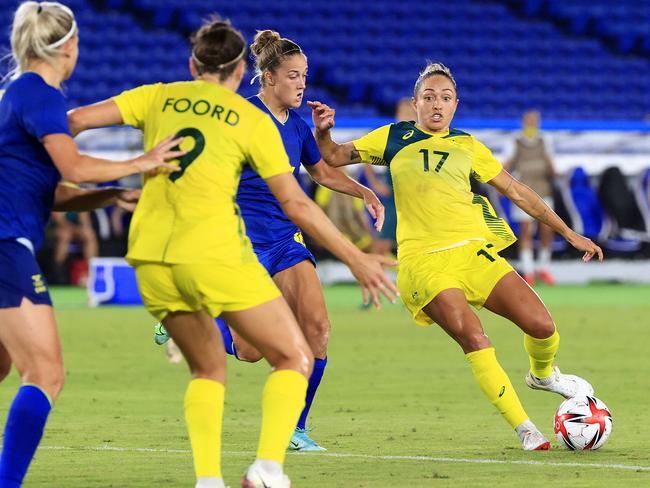 Kyah Simon (R) is a proven, vastly experienced player for the Matildas. Picture: Adam Head