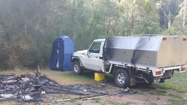 The damaged campsite belonging to Russell Hill and Carol Clay's who have been reported as missing in the Wonnangatta Valley. Picture: ABC