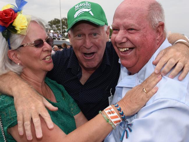 Alligator Blood owners Allan Endresz (centre), Robyn and Jeff Simpson cannot believe their luck on Magic Millions Raceday.