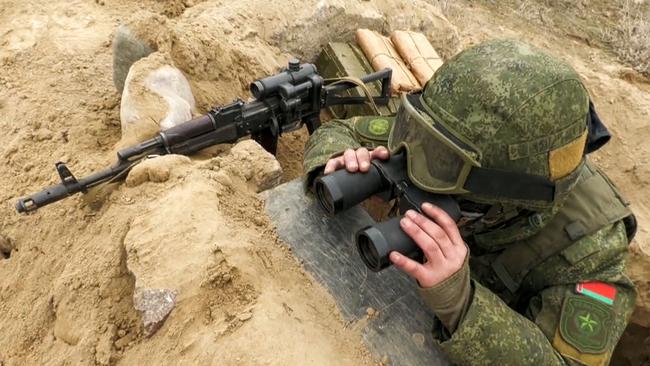 A Belarus soldier in position at Zhetygen airport, 60km north of Almaty. Picture: Russian Defence Ministry via AFP