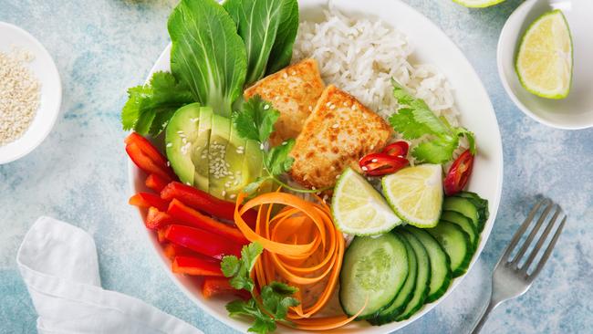 All the colours of the rainbow are in Tiff’s Tofu Plant Packed Protein Bowl. Picture: TiffXO