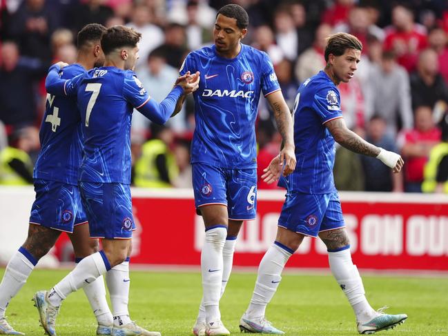 Chelsea's Levi Colwill, centre right, celebrates scoring the only goal against Nottingham Forest. Picture: AP