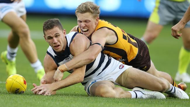 James Sicily was offered a one-match ban for kneeing Joel Selwood. Picture: Michael Klein