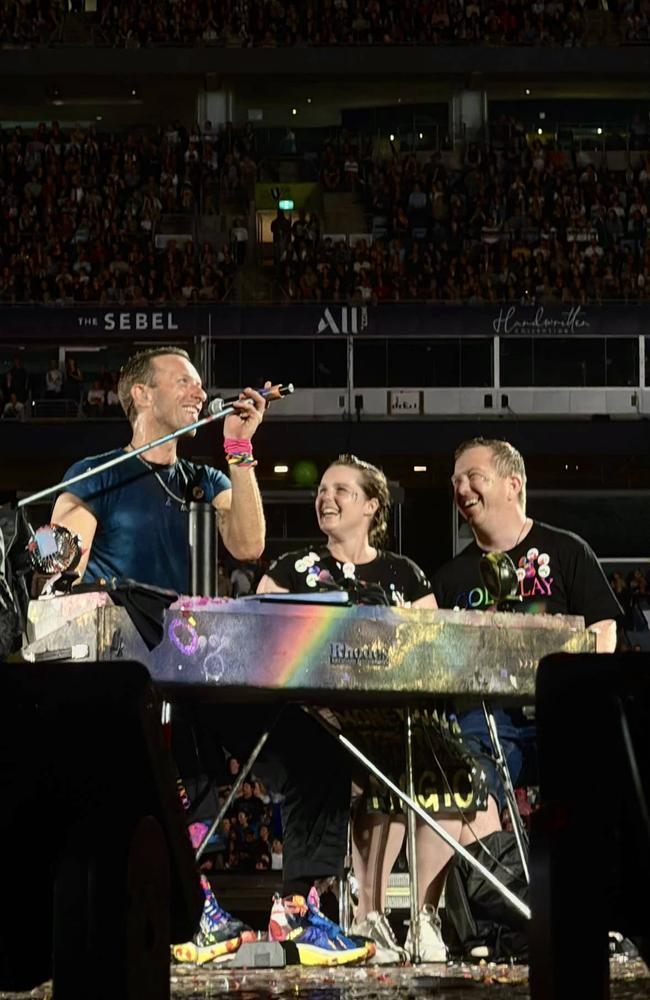 Coldplay singer Chris Martin invited Geelong couple April Brown and James Spencer up on stage at their concert in Sydney on Thursday, November 7. Picture: Supplied