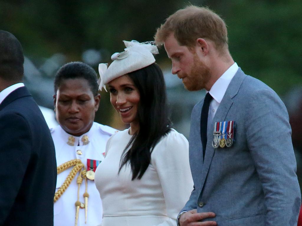 The Duke and Duchess of Sussex Prince Harry and Meghan arrive at Albert Park in Suva to a traditional Fijian welcome. Picture: Nathan Edwards.