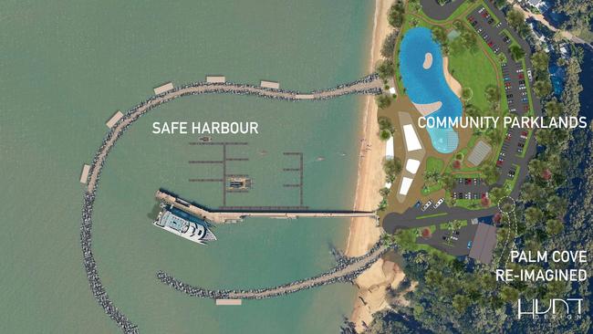 Palm Cove re-imagined: Hunt Design has released a new concept for the establishment of a safe harbour, swimming lagoon and increased carparking at Palm Cove's Williams Esplanade. Picture: Hunt Design.