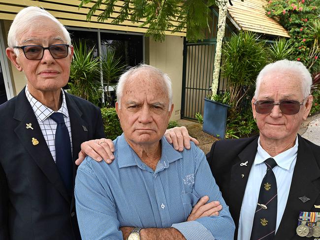 9/7/2024: Tewantin Noosa RSL Club chairman Tim Bassett with veterans (L-R) Dean Harlow 76 and Trevor Clarey 80, outside the now closed Ã¢â¬ÅDiggers BarÃ¢â¬Â and the Tewantin Noosa RSL sub branch, Tewantin, Sunshine Coast.  The club is facing a torrent of abuse ,  inaccurate information and unfounded allegations from the sub branch . pic: Lyndon Mechielsen / Courier Mail