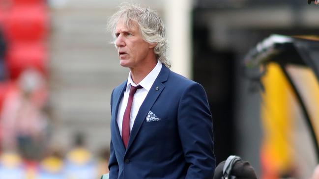 Coach Gertjan Verbeek has slammed the decision for Adelaide United’s match with Newcastle Jets to proceed in forecast 38C temperatures. Picture: AAP Image/Kelly Barnes