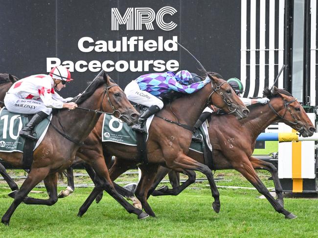 Captain Envious (NZ) ridden by Thomas Stockdale wins the Tobin Brothers Celebrating Lives Easter Cup at Caulfield Racecourse on April 06, 2024 in Caulfield, Australia. (Photo by Reg Ryan/Racing Photos via Getty Images)