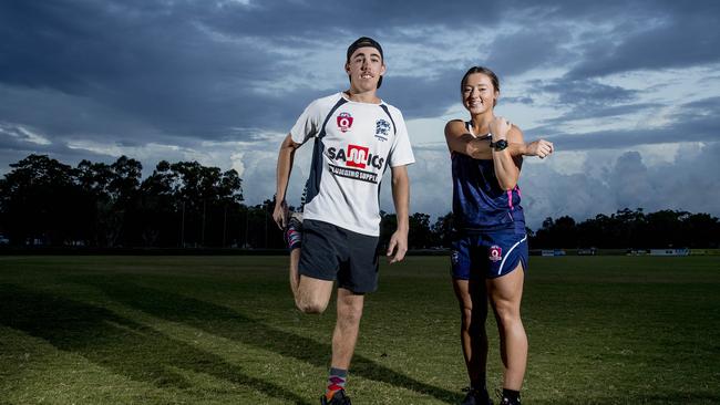 Broadbeach Cats players, Rhys Finn and Sophie Balcombe, are combining to run over 250km in the month of May to raise money for MS. Picture: Jerad Williams