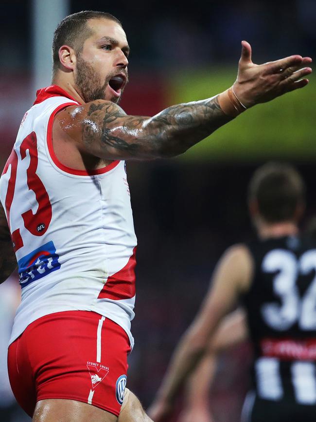 Lance Franklin celebrates a goal. Picture: Phil Hillyard