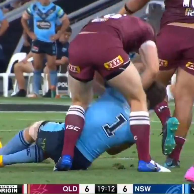 Queensland's Jai Arrow attacks a concussed James Tedesco in Origin III. Picture supplied