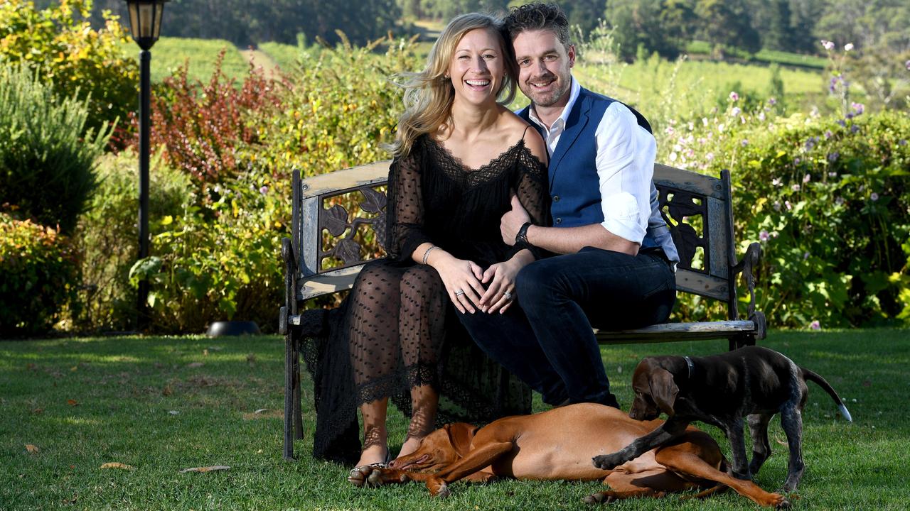 Jock and Lauren Zonfrillo with their dogs Norrie and Aggie at their former Summertown property. Picture: Tricia Watkinson.