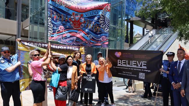 Hundreds of people gathered in Perth’s CBD on Monday to march against violence against women. Picture: Supplied