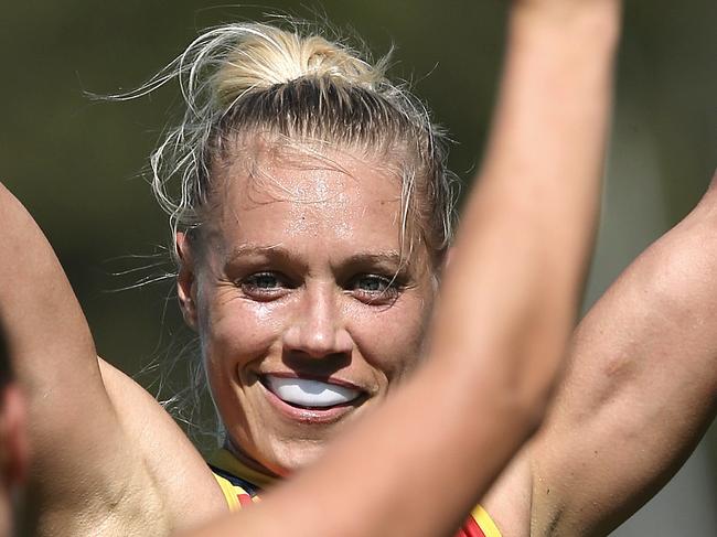 AFLW : Pies v Crows Erin Phillips & Ebony Marinoff  celebrate her goal     Fourth  term   Picture:Wayne Ludbey