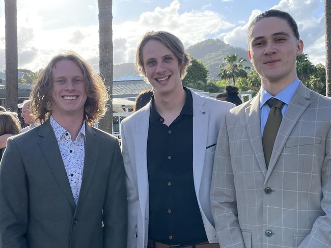 Talon Mitchell, Jake Maric and Eden Kelsall at the Year 12 Woolgoolga High School formal. Picture: Matt Gazy