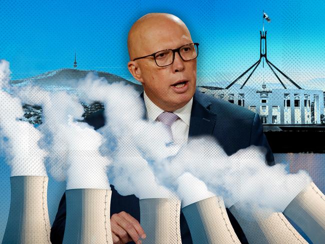 20 June 2024; Photo comp of Peter Dutton in front of Parliament House and Canberra with a domino effect of nuclear plants falling in front of him, he seems to have stopped one mid-fall. Artwork by Emilia Tortorella for the front cover of Inquirer. Sources supplied. Ratio 4:3.